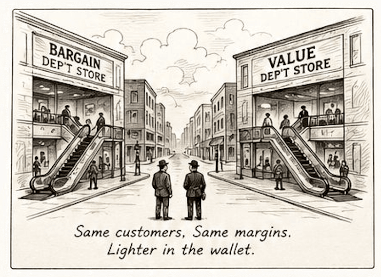 A bargain department store and a value department store facing each other across a street, each with an escalator. Caption: Same customers, same margins. Lighter in the wallet.