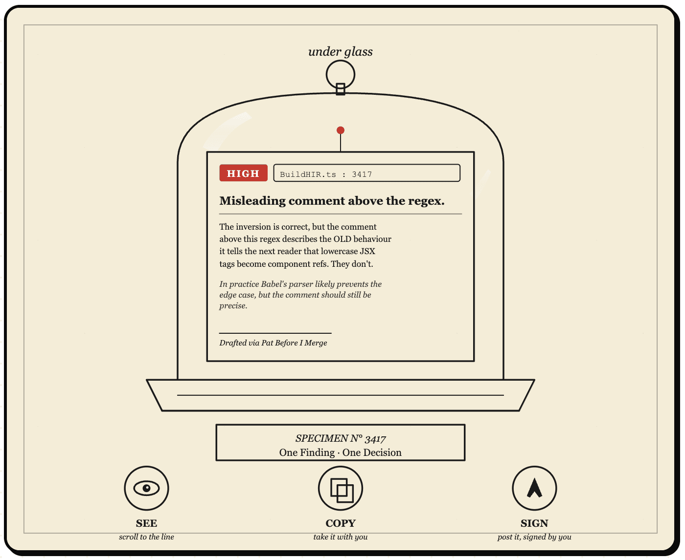 Ink illustration: a single AI code-review finding pinned under a glass bell jar like a museum specimen. Three labeled wooden handles beneath: SEE (scroll to the line), COPY (take it with you), SIGN (post it, signed by you). Title plate: Specimen 3417, One Finding, One Decision.